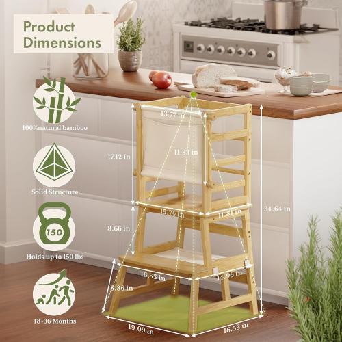 Amazer Bamboo Toddler Step Stool, Anti-Tip Toddler Kitchen Stool Helper with Push-Pull Safety Rail, Non-Slip Kids Step Stool with Safety Net, Kids Standing Tower for Bathroom Sink and Kitchen Counter