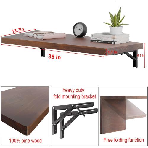 IAE Wall Mounted Folding Table with Pine Wood,36 x 14 Floating Wall Desk,Laundry Folding Table with Shelf Brackets,Fold Down Desk Shelf,Folding Workbench for Home,Dining,Laundry Room,Kitchen,Brown