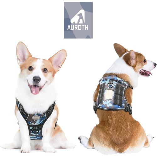 Auroth Tactical Dog Training Harness No Pulling Front Clip Leash Adhesion Reflective K9 Pet Working Vest Easy Control for Small Medium Large Dogs Blue Camo M