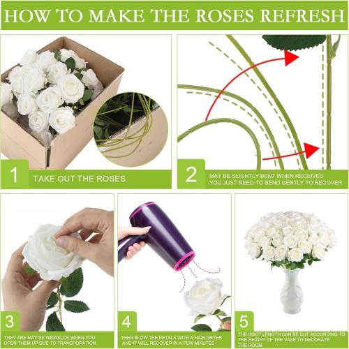 Hananona Artificial Roses in Bulk, Fake Silk White Roses Realistic Roses for Wedding Centerpieces Flower Arrangement Home Decor (100, White)