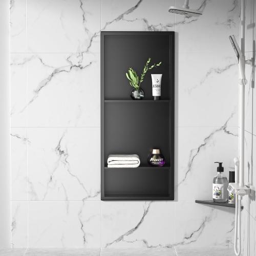 Stainless Steel Shower Niche Matte Black 30 X 12 W/ 3-Tier Shelf | Recessed shower niche no tile needed,space-saving,vertical niche, silver bathroom niche shower for shampoo & soap storage