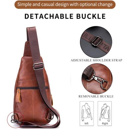BULLCAPTAIN Genuine Leather Sling Bag with USB Charging Port Multi-pocket Chest Bag for Men Hiking Travel Daypack XB-129