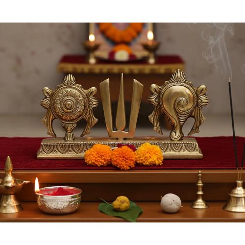 Size 8.75 eSplanade Brass Shankh Chakra Namah Showpiece | Shankha Chakra Tilak | Shankha Gada Padma | Padmanabha Swami | Vishnu | Home Decor - Length: 8.75 Inches