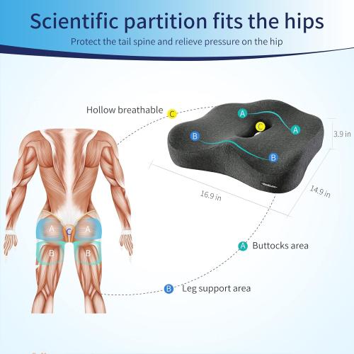 Memory Foam Seat Chair Cushion for Relieves Back Sciatica Pain Tailbone Pain Coccyx Degenerating Disc Orthopedic Osteoarthritis Prostate Cushion Low Back Pain Cushion Hip Shaping (Dark Gray)