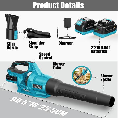 Leaf Blower Cordless 21V, Battery Leaf Blower with 2 x 4.0Ah Batteries and Charger, 3 Speed Modes, Handheld Cordless Blower for Lawn Care, Blowing Leaves, Small Gravel, Blue