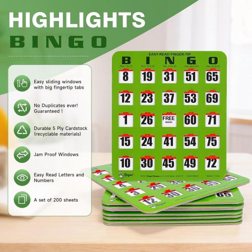 Regal Bingo - Shutter Slide Bingo Cards Only - 8” x 9” - 5-Ply Green Cardstock - Easy to Read - No Duplicates - Red Sliding Windows - Perfect for Large Groups, Bulk Purchasing
