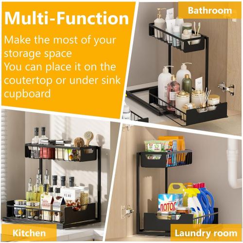 Under Kitchen Sink Organizers and Storage Pull Out 2 Tier Metal Bathroom Cabinet Organizer (Black, 2 Pack)