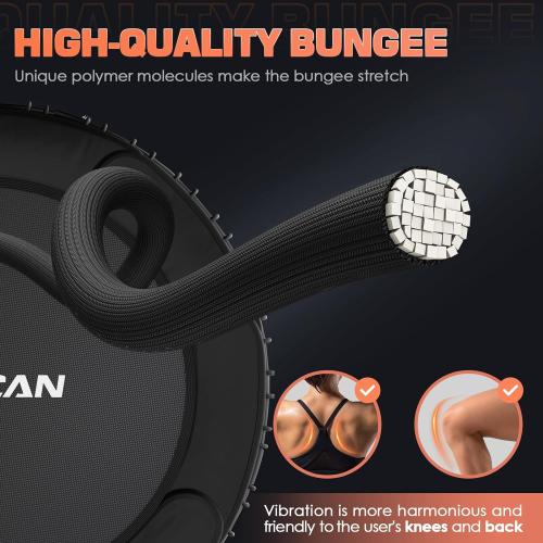 BCAN Adult Mini Trampoline, 48 Fitness Trampoline with Bungees, U Shape Adjustable Foam Handle, Stable & Quiet, Indoor Outdoor Workout-Black