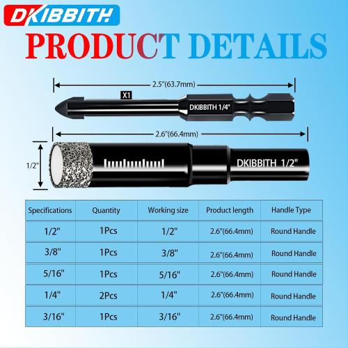 DKIBBITH 7 Pack Dry Diamond Drill Bits & Tile Drill Bits Set for Ceramic, Porcelain, Marble, Granite, Stone, Glass - Round Shank 3/16, 1/4(x2), 5/16, 3/8, 1/2 1 Pack Drill Bit 1/4