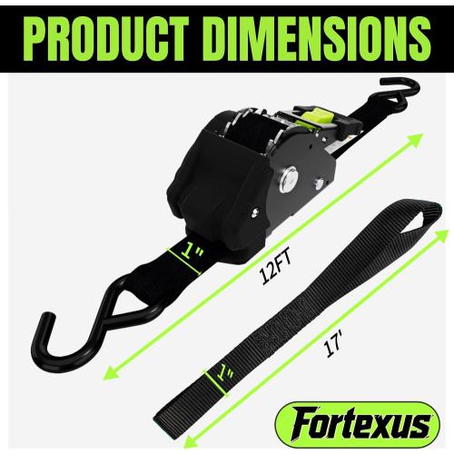 Retractable Ratchet Straps, 4-Pack, 1 Inch x 12 Feet, 1,760lb Break Strength, Self Retracting Tie Down for Truck, Cargo Trailer, Motorcycle, ATV, UTV (Black, 4pack)