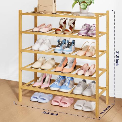 Kitsure Bamboo Wooden Shoe Rack for Closet - Stackable Shoe Organizer with Modular Structure, Space-Saving Shoe Shelf for Entryway, Living Room, Bedroom, 26.8 Wide - 5 Tiers, Natural