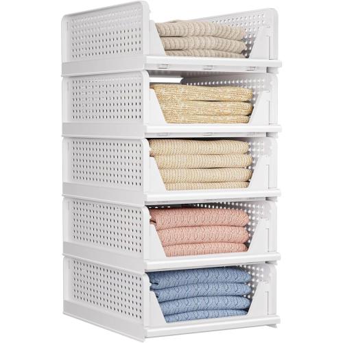 5 Pack Folding Closet Organizers Storage Box, Stackable Storage Bins, Plastic Drawer Basket Closet Storage for Wardrobe Cupboard Kitchen Bathroom Office 5L (White)