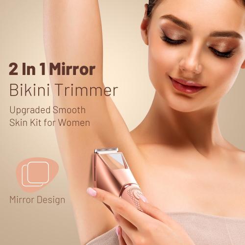 Bikini Trimmer for Women with Mirror & LED Light, Ceramic Blades & Travel Lock - Body Groomer IPX7 Waterproof Use for Legs/Arm/Underarm - Baby Pink