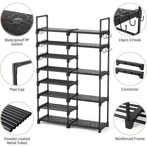 ROJASOP Shoe Rack Organizer, 8-Tier Metal Shoe Rack for Closet Entryway Garage, 26-32 Pairs Tall Shoe Boot Storage Shelf with 15 Hooks, Stackable Large Shoe Stand