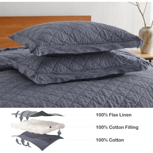 HORIMOTE HOME 100% Linen Front/100% Cotton Back Quilt Set King Size, Steel Blue Pre-Washed European Flax Linen Quilt, Diamond Stitch Bedspread Coverlet Bedding Set 3-Piece for All Seasons