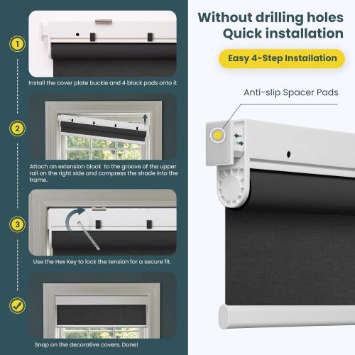 Motorized Blinds - No Drill Automatic Cordless Roller Shades Electric Smart Blinds with Remote Control (Black, 34 x 72), MH100