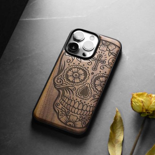 Carveit Magnetic Wooden Case for iPhone 15 Pro Case, Compatible with MagSafe Wireless Chargers, Black Soft TPU Shockproof Cover & Wood Artisan Engraved (Sugar Skull) - Walnut