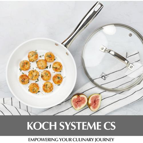 KOCH SYSTEME CS Stainless Steel Pan with Lid, Premium 12 Stainless Steel Skillets with Nonstick White Ceramic Coating, Nonstick Frying Pan with Lid, Induction Compatible, 12 Inch