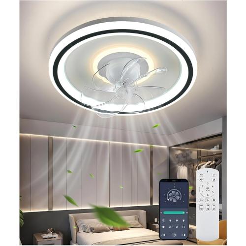 White 20 360° Rotation Low Profile Ceiling Fans with Lights and Remote Ultra Quiet Energy Efficient Dimmable 3 Color Reversible Motor, 20 Flush Mount Ceiling Fan with Lights for Bedroom Living Room Kitchen
