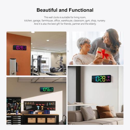 Digital Wall Clock Large Display 16, Digital Clock with 11 RGB Colors Changing Remote Control, LED Clocks with Night Lights for Living Room Bedroom Office Classroom Decor, Auto DST (Multicolor)