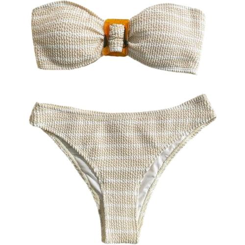 size M GORGLITTER Women's Strapless Bandeau Swimsuit High Waisted Thong Textured Bikini Set Bathing Suit