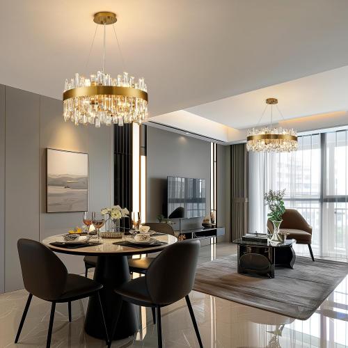 Siljoy 12-Light Modern Crystal Chandelier, Luxury Brushed Gold 2-Tiers K9 Crystal Raindrop Chandelier, Elegant Dimmable Crystal Chandelier Ceiling Light for Dining Living Room Kitchen D19.7''