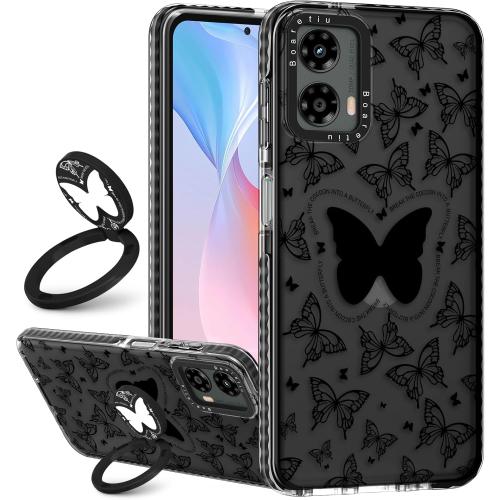Boaretiu Cute Kawaii Case for Motorola Moto G 5G 2024 with Stand - Fashion Cool 360° Rotate Ring Holder Kickstand Design for Women Girls Boys Teens Girly Case for Moto G 5G, Black Butterfly