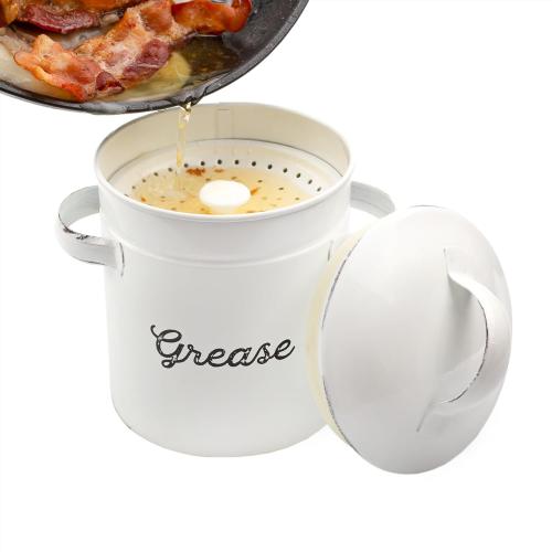 AuldHome Design Enamelware Grease Container w/ Strainer, Farmhouse Style Kitchen StorageTin, Labeled Grease