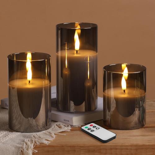Eywamage Smoke Grey Glass Flameless Pillar Candles with Remote, Flickering LED Battery Candles Table Decor Set of 3