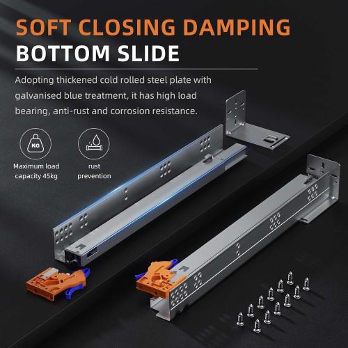 12 15 18 21 24 Inch Bottom Mount Soft Close Drawer Slides - Full Extension Concealed Rails Track - 80 lb Load Capacity - 1 Pair (Soft Close with Bracket，15 Inch)