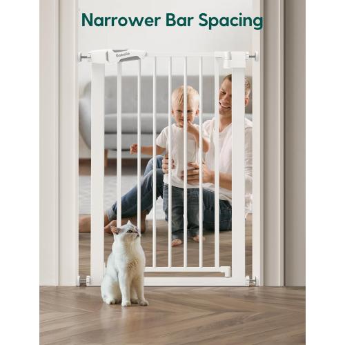 BABELIO 36 Tall Narrow Baby Gate, 26-28.5 Wide Auto-Close Metal Pet Gate for Small Stairs/Doorways/Hallways, Pressure/Hardware Mounted for Child and Pets, NO Extensions, White