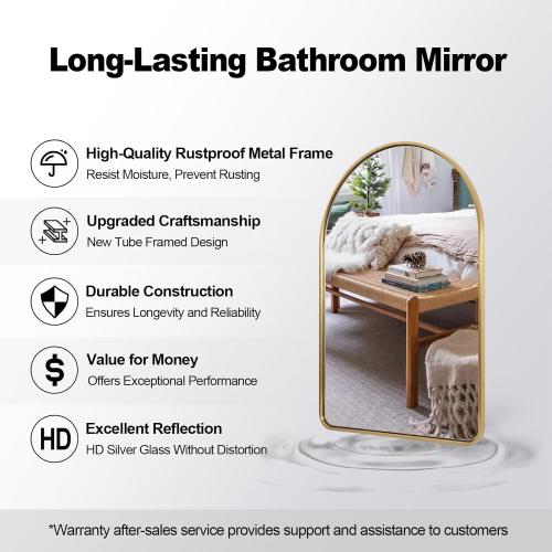 Size 20x30 Color  Gold ANDY STAR Brass Mirror, Size 20x30 Gold Arched Mirror, Brass Bathroom Mirrors for Wall in SUS304-Anti-Rust, Seamless Tube Metal Frame, Wall-Mounted Vertical 1’’ Deep
