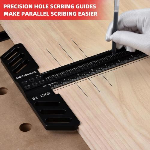 Woodworking T-Square 32 Inch Aluminum Alloy T Square Ruler 1/32 Hole Scrbing Guides Positioning Scribe Tool Precision Woodworking Ruler Scribing Tool for Carpenter Layout and Measuring