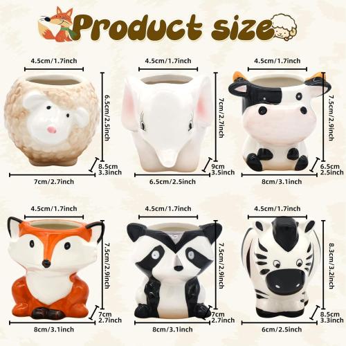 Small Ceramic Succulent Pots - 6 Pack 3 Cartoon Animal Shape Planters Indoor & Outdoor with Drain Holes and Bamboo Tray for Succulents, and Herbs