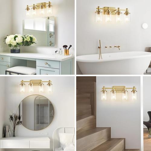 4 Light Brushed Brass Vanity Light Over Mirror, Gold Bathroom Fixtures, Vintage Wall Sconce With Clear Glass Shade, Brushed Gold Lights for Bathroom