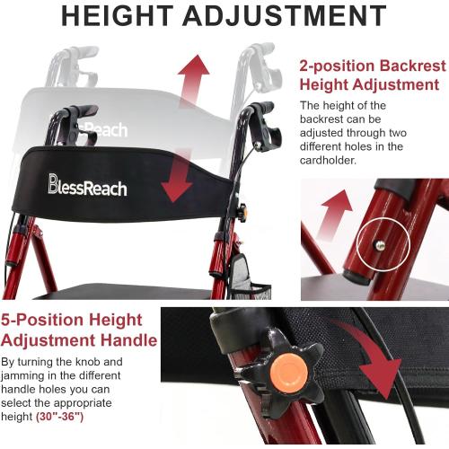 Lightweight Foldable Rollator Walkers with Seat for Seniors, 350 lb Capacity, 5-Position Adjustable Height, Premium Hybrid Rolling Walker - Aluminum and Carbon Steel (Red)