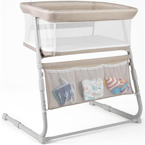 Cowiewie Bassinet Bedside Sleeper,Baby Bassinet Slides Over Bed,5-Position Height Adjustment & Breathable All-Mesh Wall Bedside Bassinet for Baby,Space-Saving Bedside Crib, Height(37.4-41.3) (Beige)