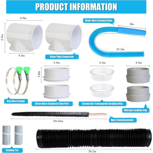 Upgrade Dryer Vent Hose for Tight Space, Dryer Vent Hose Kit, 90 Degree Dryer Vent Elbow with Dual Silicone Seal Connector, Dryer Cleaning Kit, High Sealability, Dryer Vent Vacuum Hose Attachment
