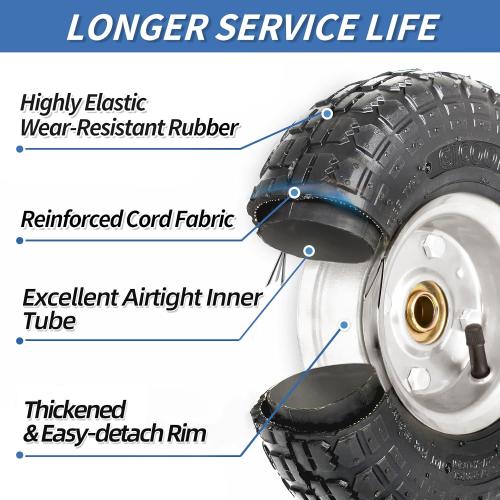 2Pack 4.10/3.50-4 Tire and Wheel, 10 Pneumatic Tire, with 2.25 Offset Hub, 5/8 Axle Bore Hole, Sealed Bearings, for Hand Truck Trolley Dolly Garden Wagon Cart Wheel Replacement, 2 Pack