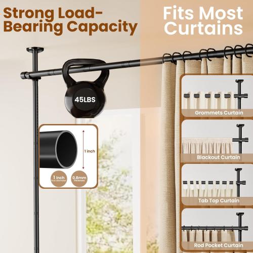 Bonpally Room Divider Curtain Rod, No Drilling Tension Rod for Room Separation, 4-10ft(H) 28-114inch(W) Adjustable Heavy Duty Floor to Ceiling Wall Divider Room Partition Privacy Separator, Black