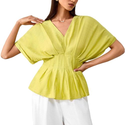 Women's Lightweight Crinkled V-Neck Peplum Waist Blouse-Batwing Short Sleeves Shirt-Casual Flowy Top (25H109 Yellow M)