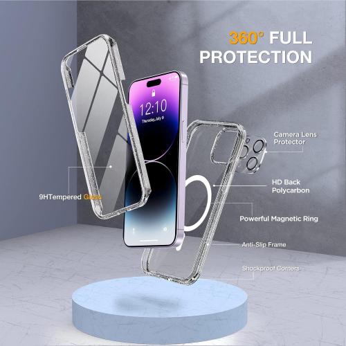 Miracase Magnetic for iPhone 14 Pro Max Case 6.7 inch, (Compatible with MagSafe) Upgrade Full-Body Clear Phone Bumper Case with Built-in 9H Tempered Glass Screen Protector, Magnetic Glitter Clear