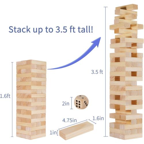 Giant Tumble Tower, 56 PCS Wooden Stacking Game (Stack to 3.5FT) - Pine Stack Timber Board Play with Carrying Bag-Classic Indoor/Outdoor Games for Adults Family