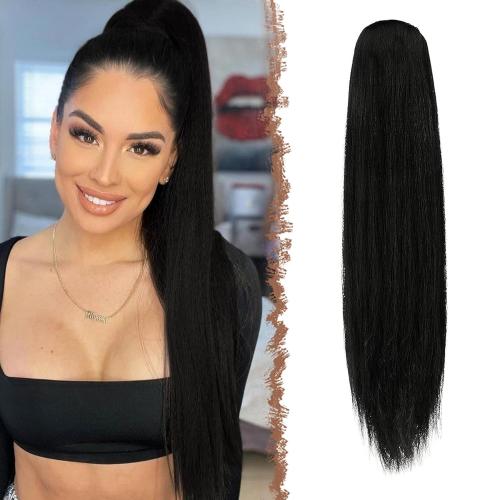 FESHFEN Straight Ponytail Extensions, Long Drawstring Pony Tails Synthetic Hair Piece Clip in Ponytails Hairpieces for Women, Natural Black 28 inch