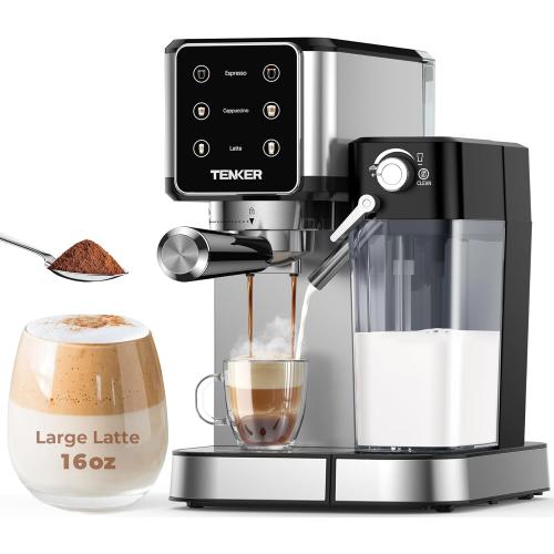 TENKER Espresso Machine 20 Bar, Cappuccino Machine with Automatic Milk Frother, Latte Machine in Stainless Steel Design, 1350W Touchscreen Coffee Maker for Home and Office (Silver)