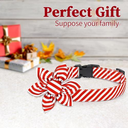 Malier Christmas Dog Collar with Flower, Red Dog Christmas Collar with Buckle Adjustable Cotton Collar for Small Medium Large Dogs Puppy (X-Small, Red Stripe)