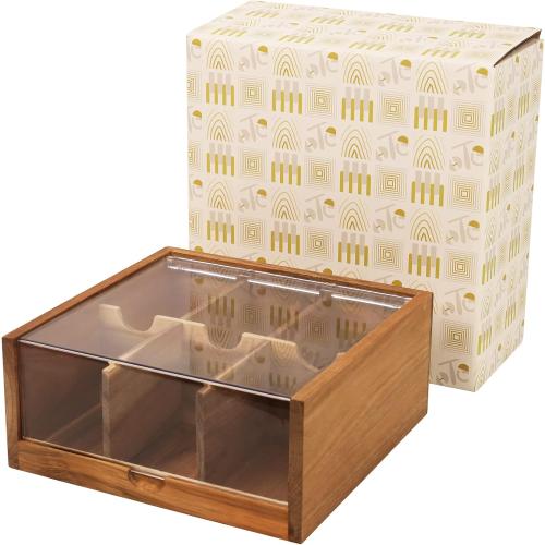 HTB Acacia Wood Tea Bag Organizer Storage, Gift Box 6 Compartments Tea Chest Box with Acrylic Transparent Hinged Lid