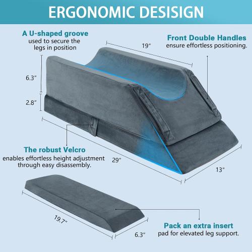 Memory Foam Leg Elevation Pillow - Post-Surgery, Knee and Ankle Injuries, Swelling - 3 Height Adjustments - Removable/Washable