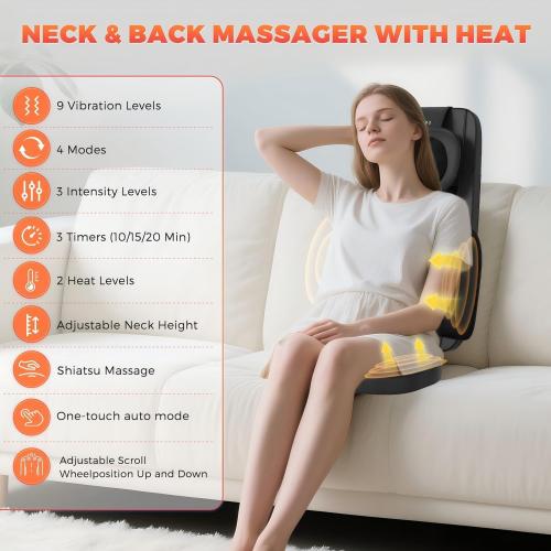 belhope Shiatsu Neck and Back Massager with Heat, 4D Kneading Back Massager for Pain Relief Deep Tissue, Comfortable Back Massage for Chair, Massage Mat for Office Home, Gifts for Men Women Parents