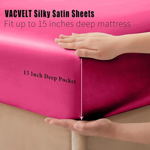 Size twin VACVELT 3pcs Hot Pink Satin Sheets Twin XL Size Bed Set, 15 Inch Deep Pocket Silky Satin Sheet Set, Soft Satin Bedding Set Cooling & Luxury Bed Sheets, 1 Fitted Sheet   1 Flat Sheet   2 Pillowcases......